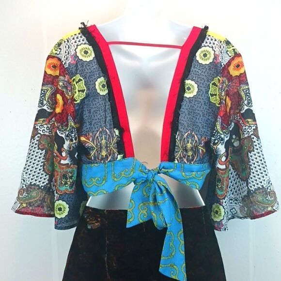 kimono sleeve boho Tribal cropped V-neck/back multicolored with Fringe top sz S - Picture 7 of 10